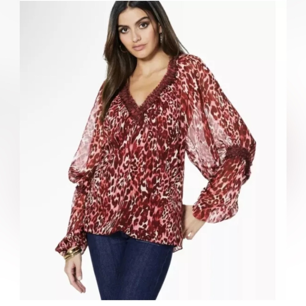 Ramy Brook 100% Silk Bea Leopard print balloon sleeve blouse size small